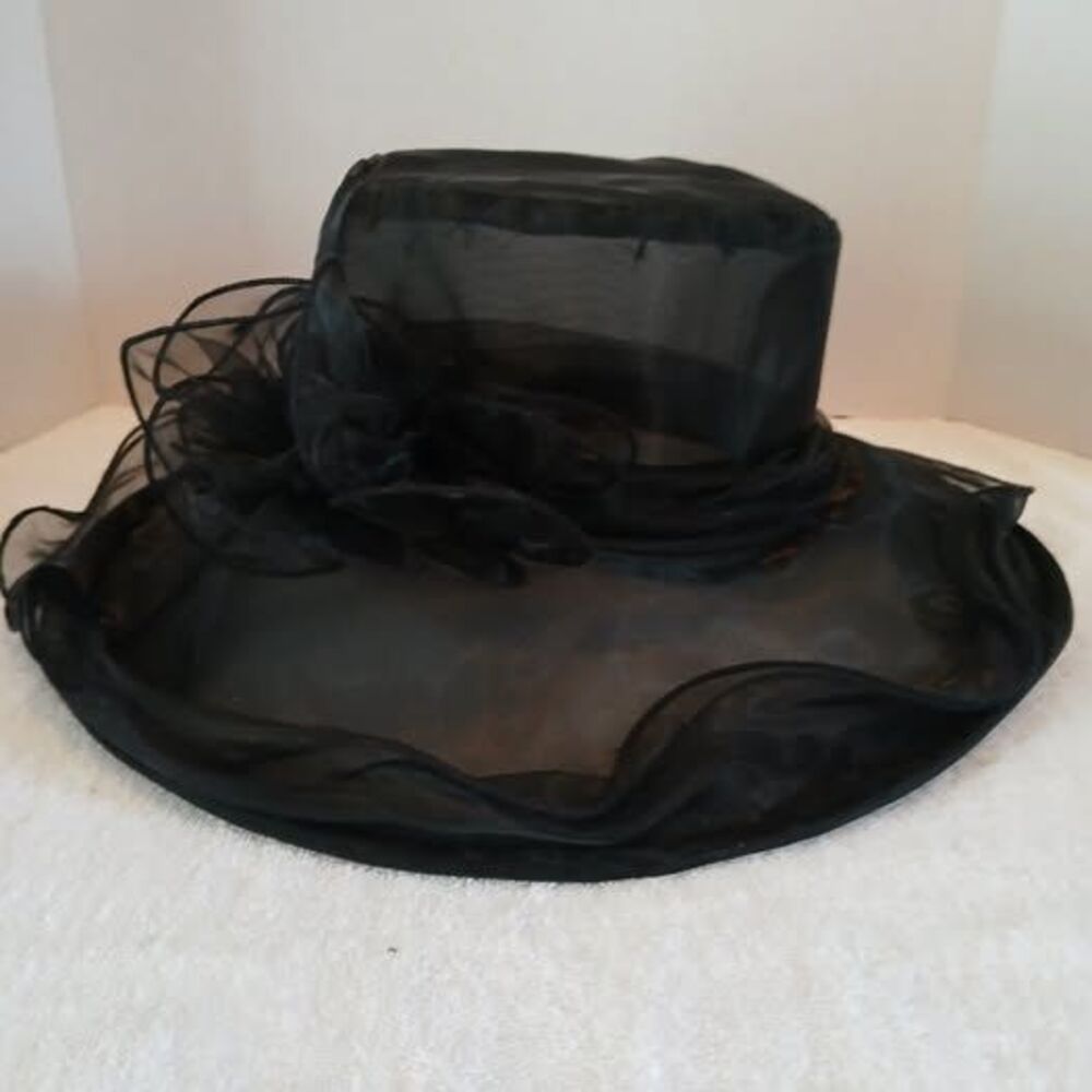 Black Women's Kentucky Derby Wide Brim Wedding Church Organza Sun Hat